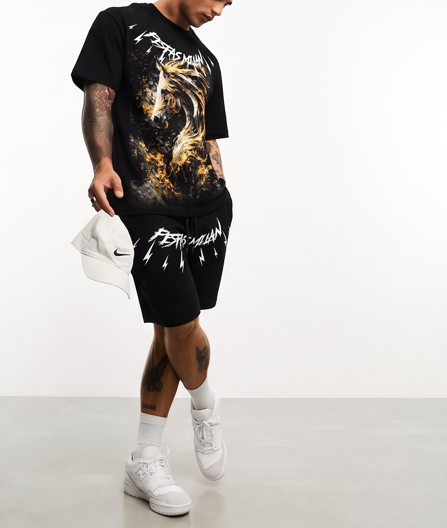 FesFas golden horse-print T-shirt Set | Black