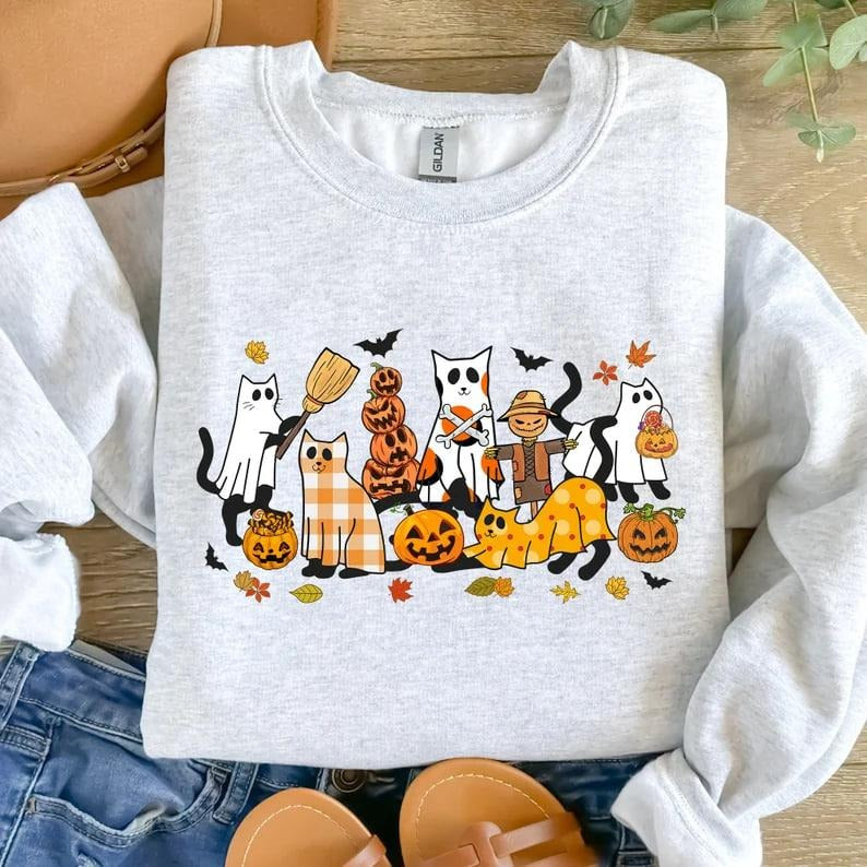Black Cat Halloween Sweatshirt, Ghost Cat Sweater, Halloween Sweatshirt, Halloween Cat Shirt, Fall Shirt, Retro Halloween...