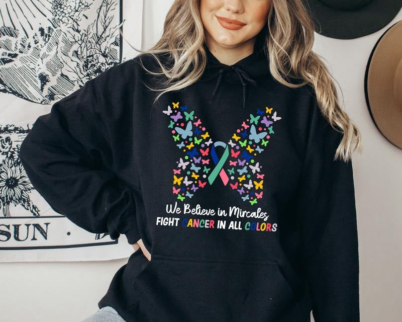 Cancer Butterfly Ribbon We Believe Miracles Fight Cancer All Colors Cancer Awareness Warrior T-Shirts, Hoodie, Sweatshirt