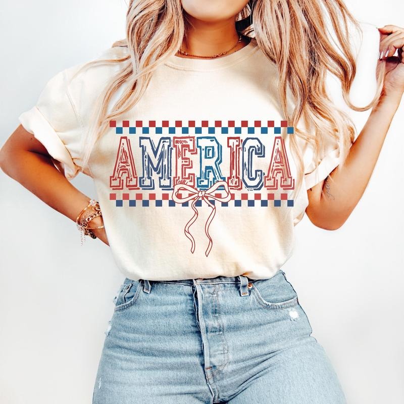 Checkered America Coquette T-Shirt, Retro 4th of July T-Shirt, Memorial Day T-Shirt, USA T-Shirt, Independence Day...
