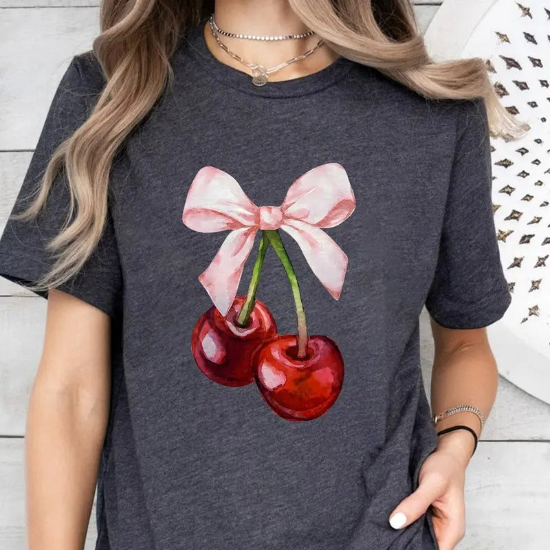 Cherry Bow T-Shirt, Bow Shirt, Aesthetic Shirt, Ribbon Trend, Coquette Shirt, Cherry Shirt, Cute Bow Shirt,  Pink Bow...