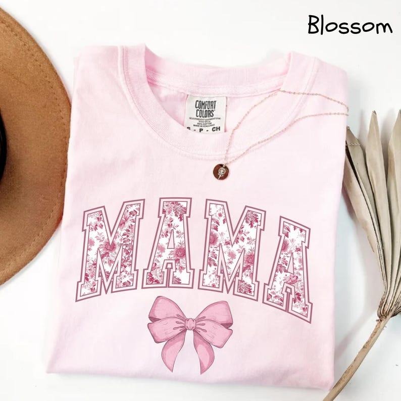 Comfort Colors Mama Shirt, Pink Ribbon Shirt, Mothers Day Gift, Girly Aesthetic Gift For Mom, Cute Mom Shirt, Bow Shirt,...
