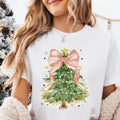 Coquette Colorful Christmas Tree T-Shirt, Faux Glitter, Girls Christmas Tree Shirt, Christmas Coquette Bow, Brushstroke...