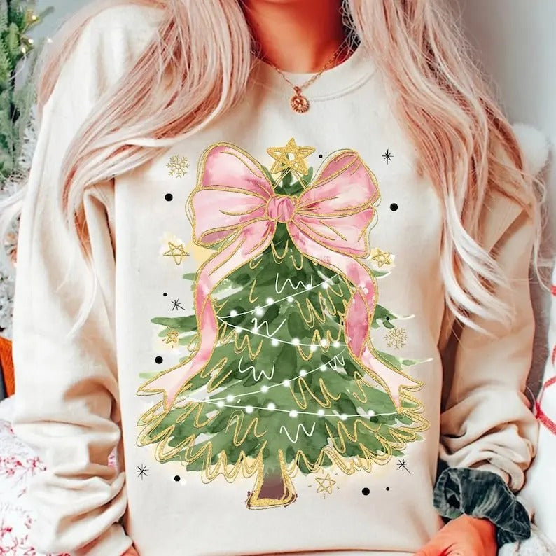 Coquette Glitter Christmas Tree, Watercolor Christmas Tree Girly, Merry Christmas Coquette Bow Tree, Christmas Lights...