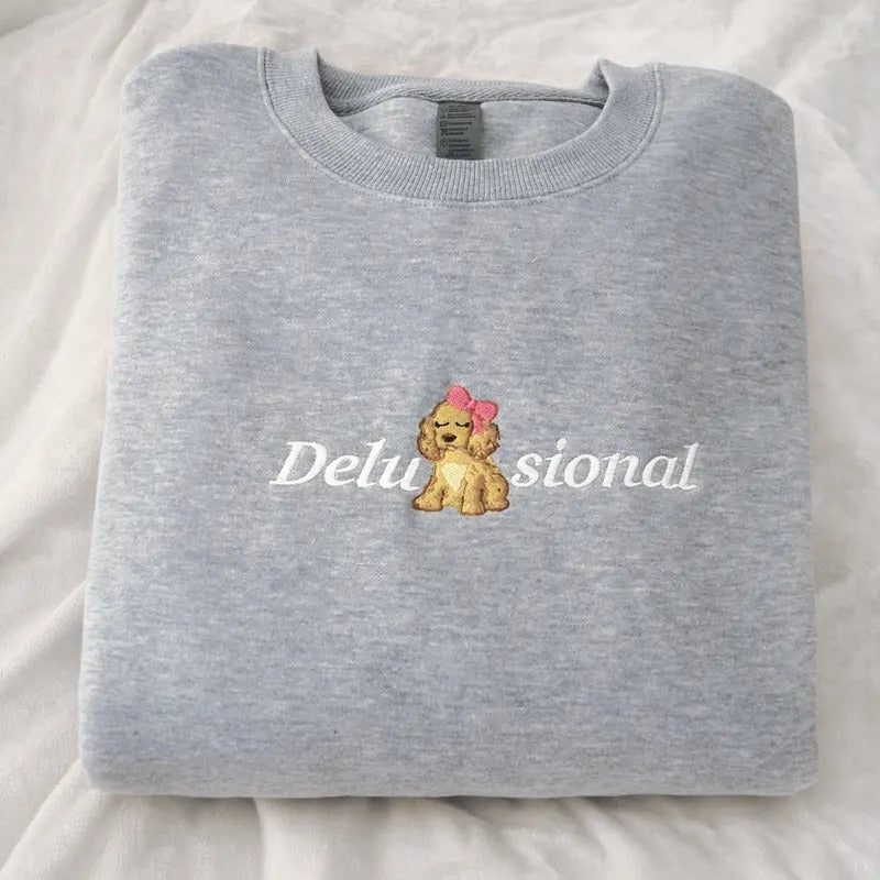 Delusional Embroidered Sweatshirt, Crewneck, Sweater, Cotton, Coquette Bow, Pink, Gray, White, Dog, Cute Funny...
