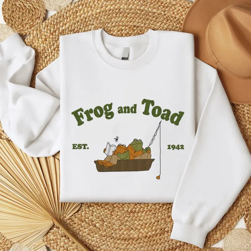 Frog And Toad Embroidered Shirt, Vintage Classic Book On Boat Cover Embroidered T-Shirt, The Lovers Frog And Toad...