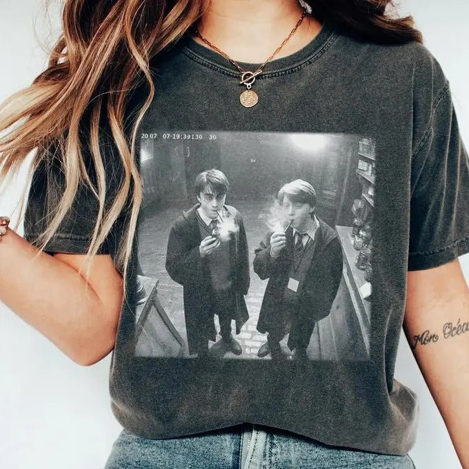 Harry and Ron Smoking Shirt Wizarding Fan Funny 90s Meme, Unisex Classic Cotton Tee with Graphic Print in All Sizes, For...