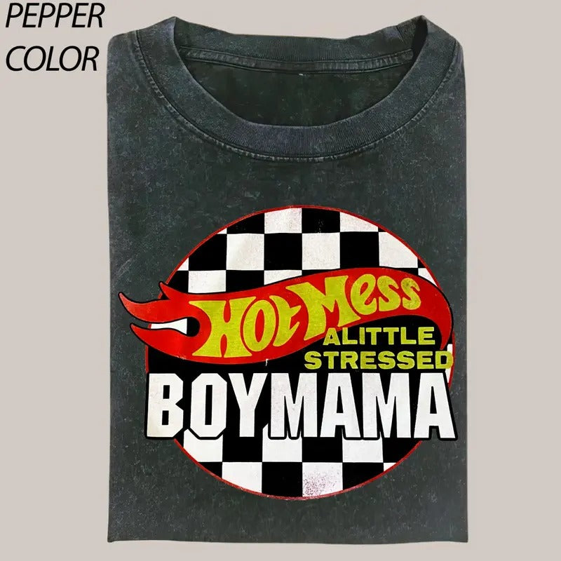 Hot Mess Mama Little Stressed Custom Vintage Graphic Shirt, Bleached Mom T-Shirt, Boy Mama Race Car Mom Shirt Hoodie,...
