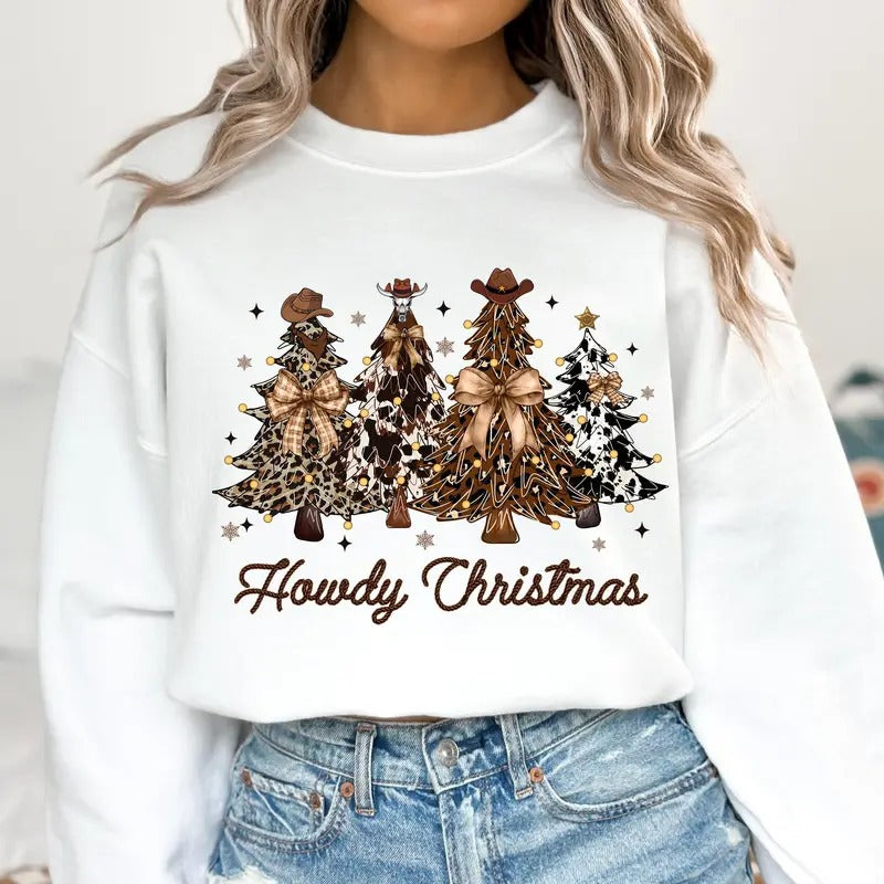 Howdy Christmas Trees Western Retro Vibe Cowgirl Hat Sweatshirt, Coquette Bow Christmas Tree, Cowboy, Cowgirl, Coquette...