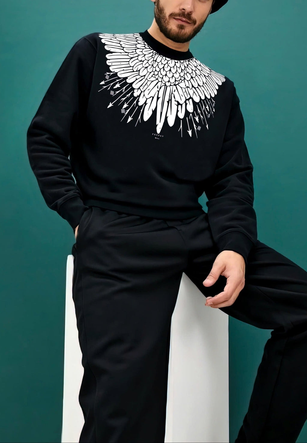 FesFas Feathers-print Sweatshirt Set | Black