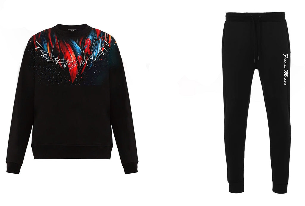 FesFas Feathers-print Sweatshirt Set | Black
