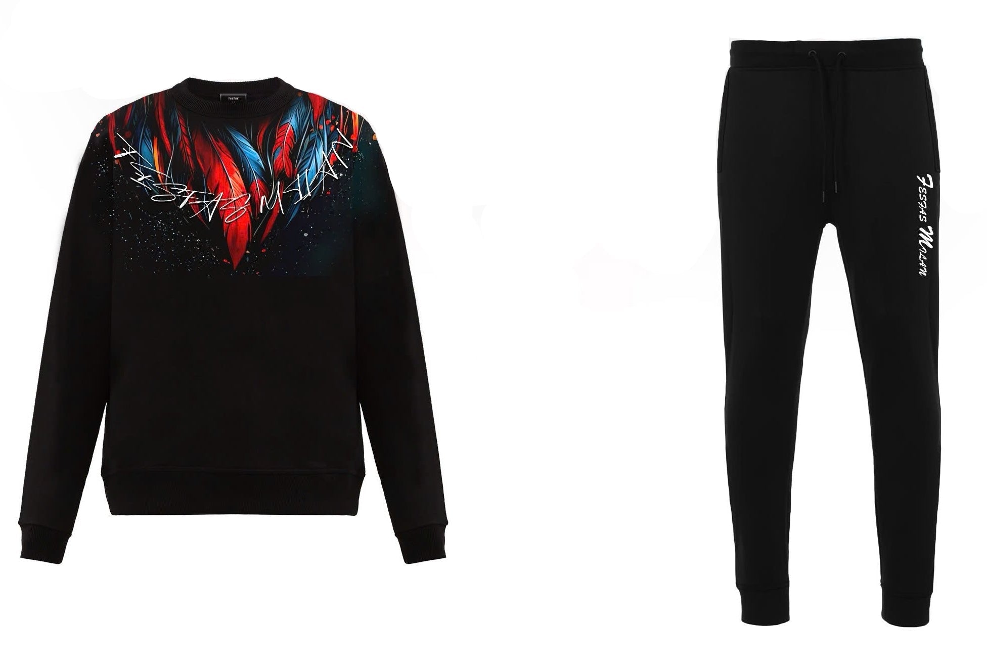 FesFas Feathers-print Sweatshirt Set | Black