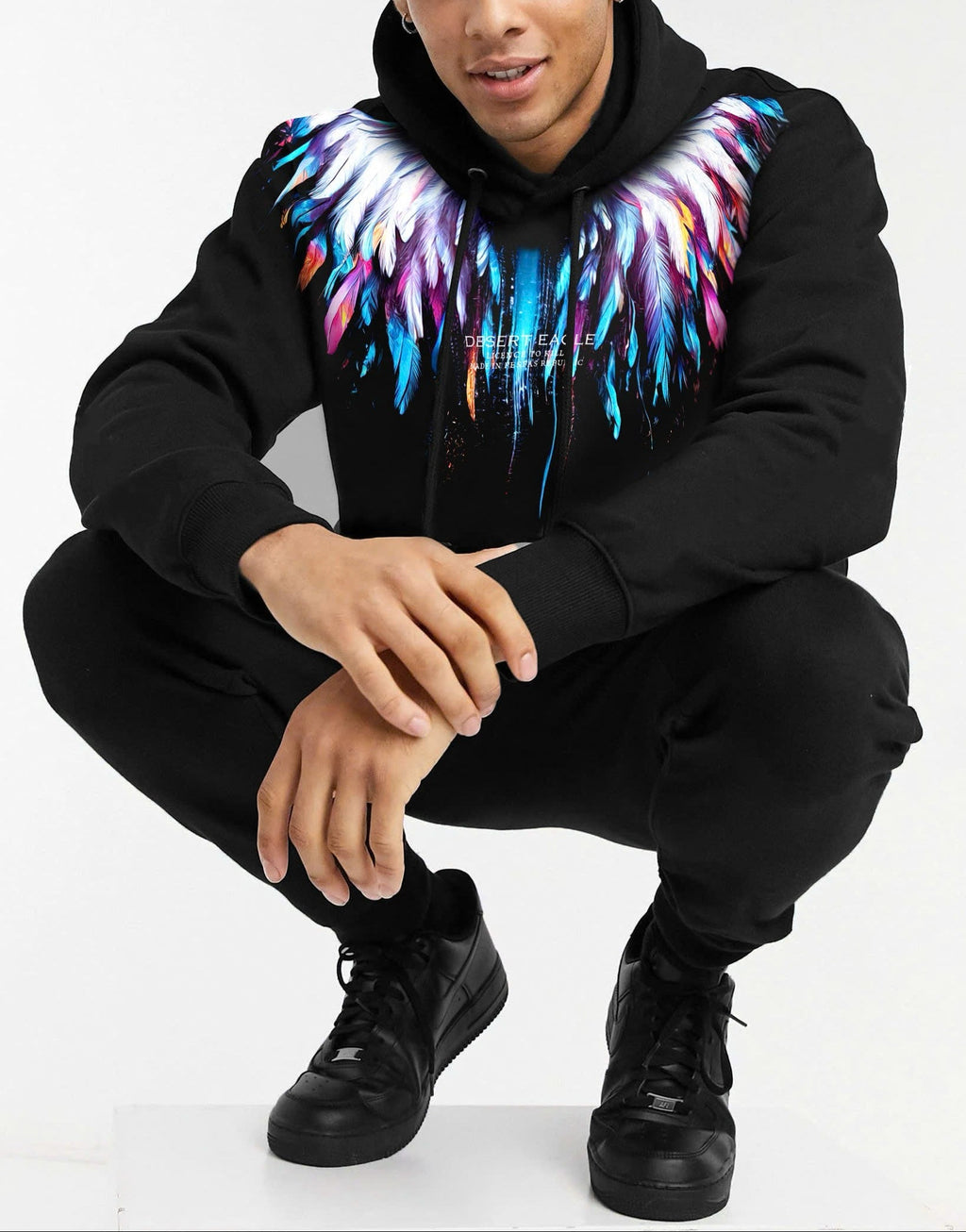 FesFas colorful feathers-print Hoodie Set | Black