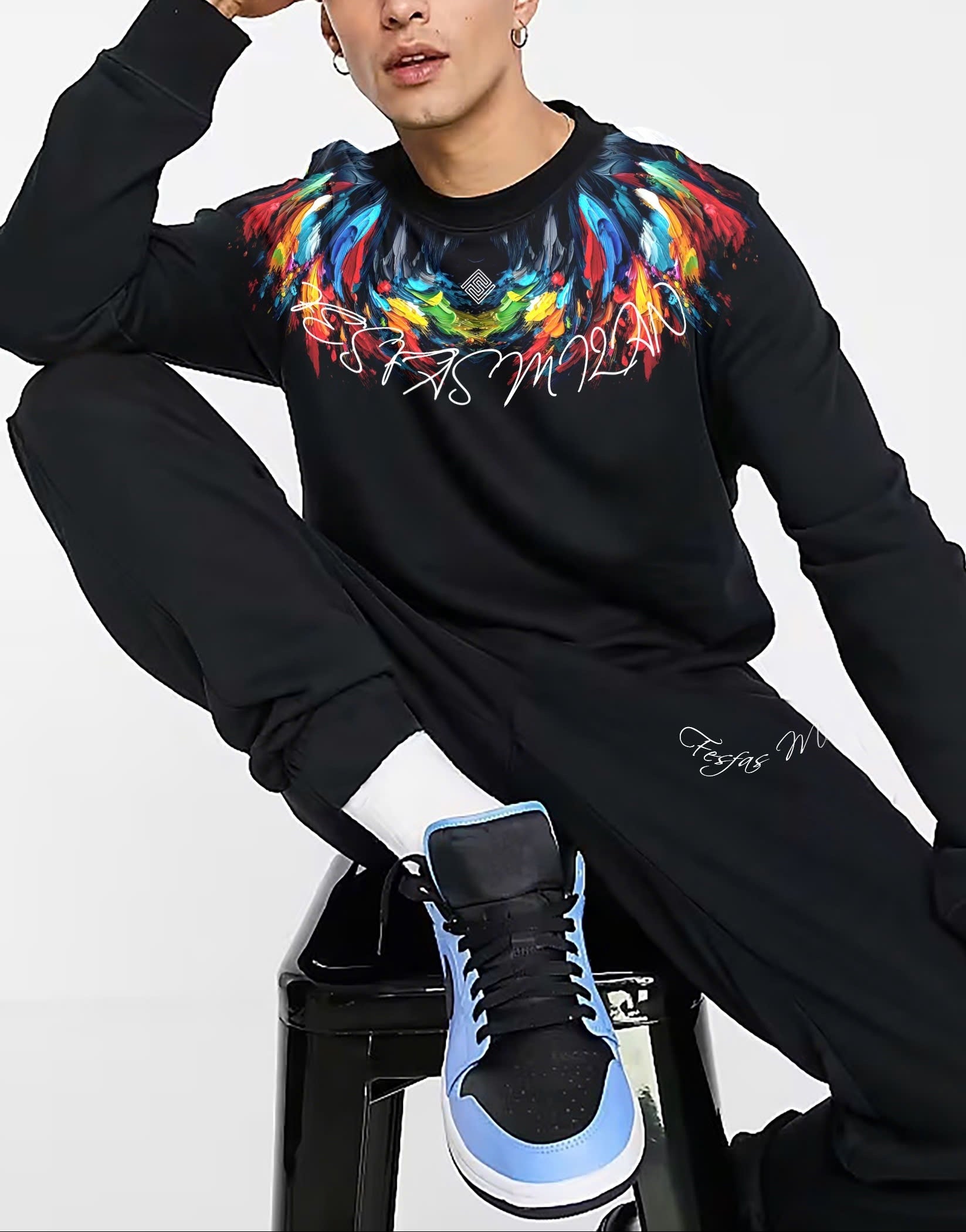 FesFas Feathers-print Sweatshirt Set | Black