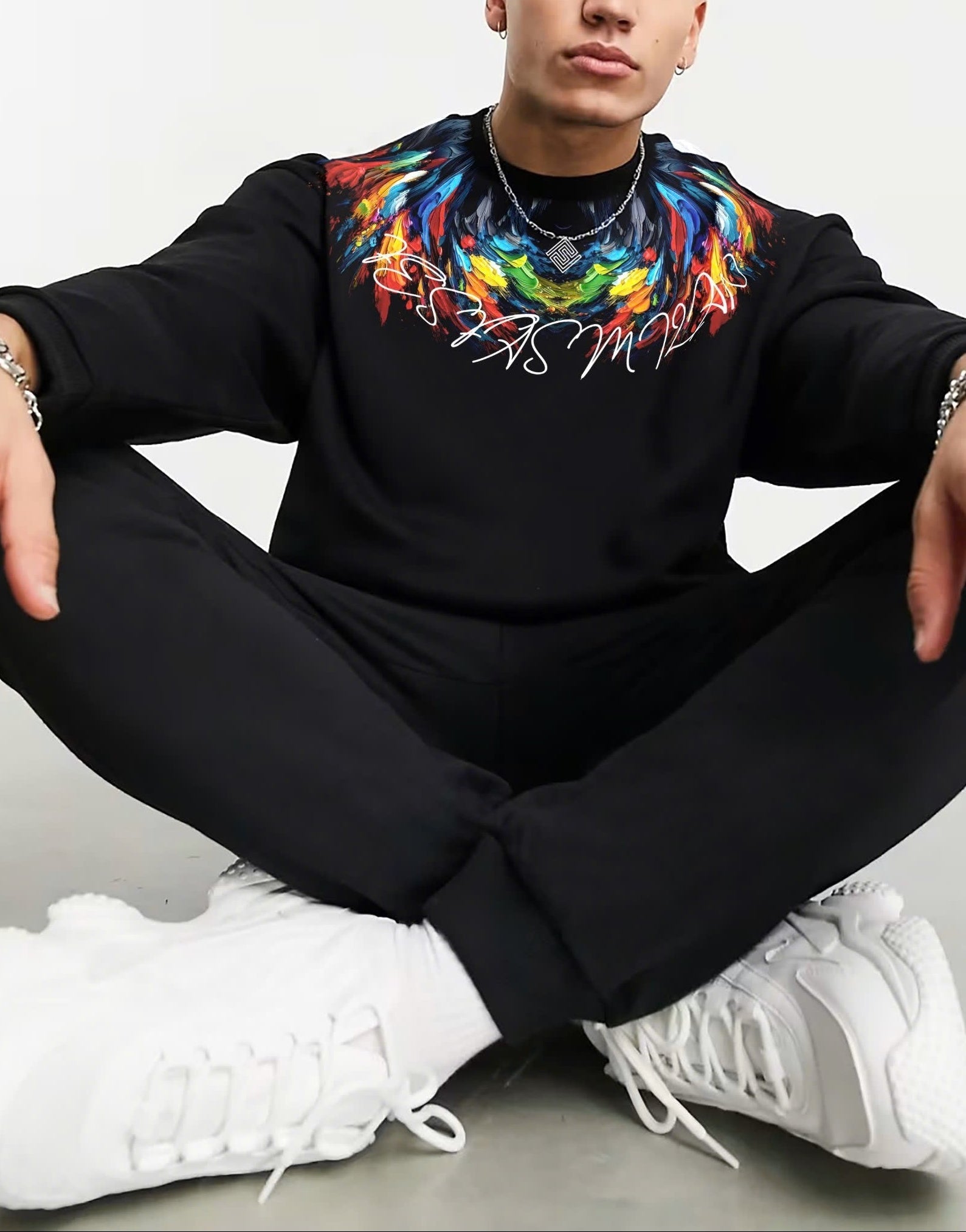 FesFas Feathers-print Sweatshirt Set | Black