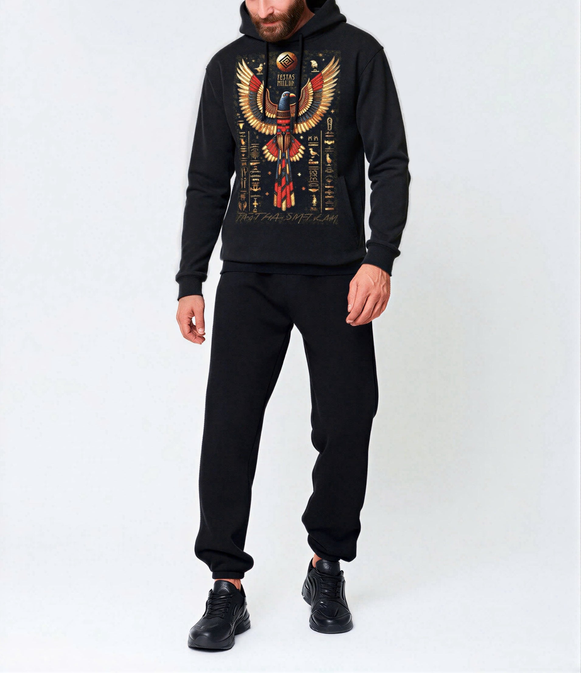 FesFas Egyptian bird-print Hoodie Set | Black