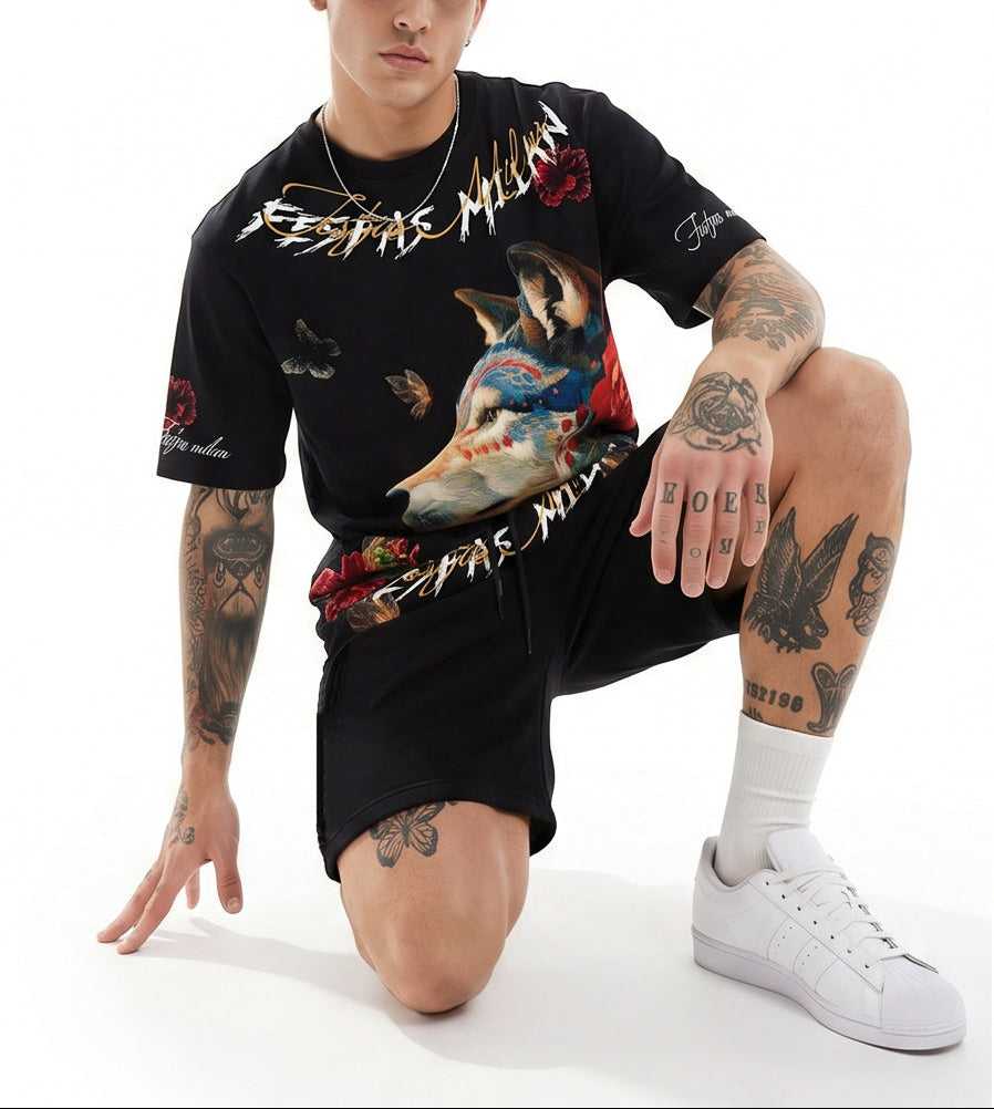 FesFas wolf-print T-shirt Set | Black