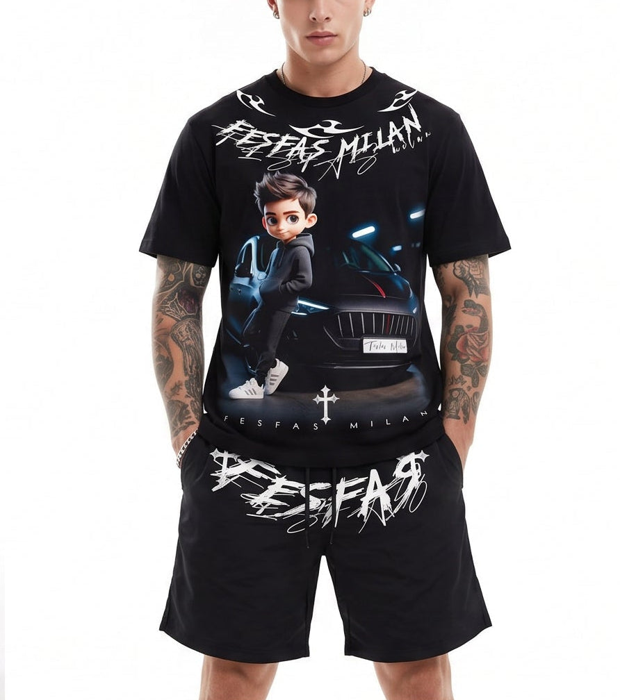 FesFas racing boy-print T-shirt Set | Black