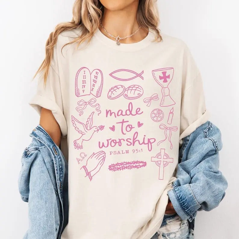 Made to Worship T-shirt, Trendy Christian Coquette Shirt, Amen, Jesus, Bible Verse, Religious Easter, Girly Christian...
