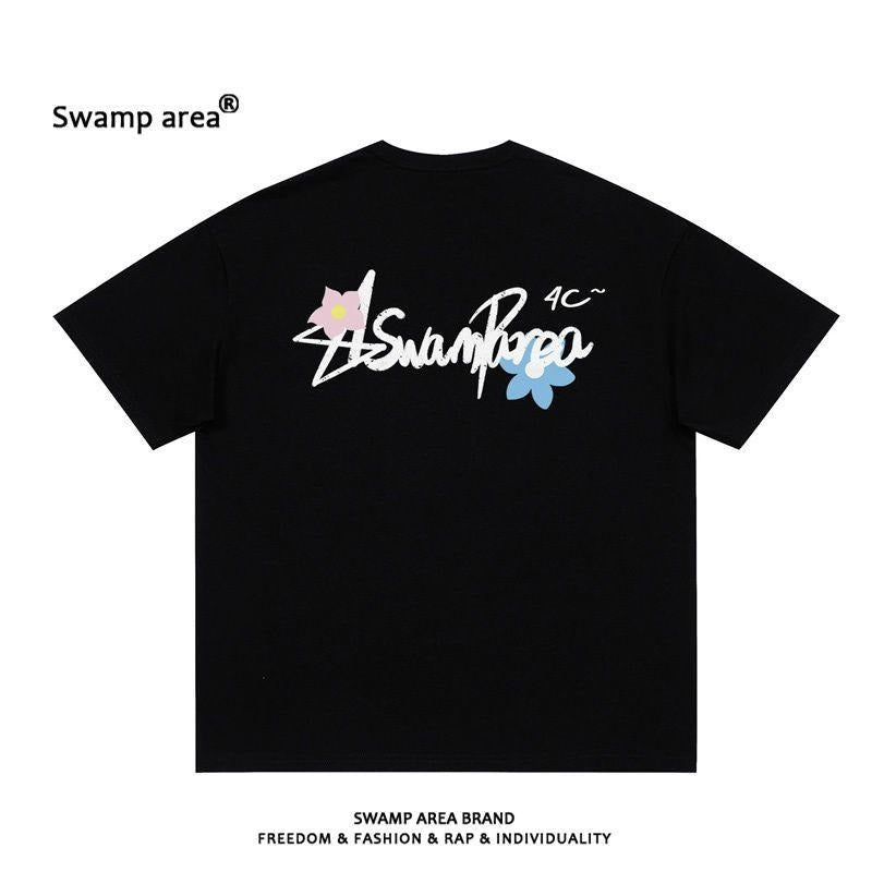Minimalist Cover-Up Floral Print English Signature American Style Short Sleeve T-Shirt for Men, Crew Neck, Loose Fit,...