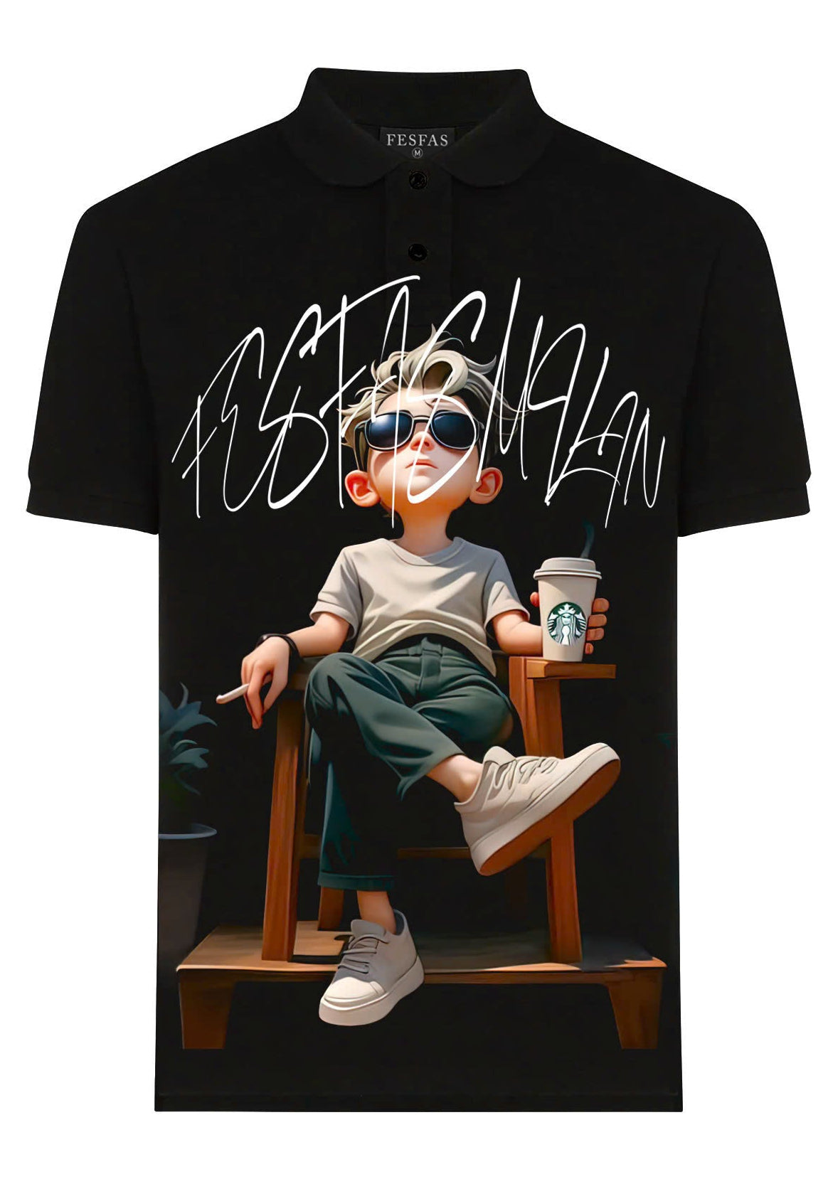 FesFas Relaxed Boy-print Polo Shirt | Black