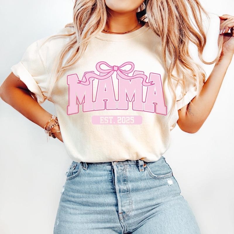 Pink Mama Est 2025 Coquette T-Shirt, Mama T-Shirt, Mothers Day T-Shirt, Mama Varsity T-Shirt, Gift for Mom, Mother, Mama...