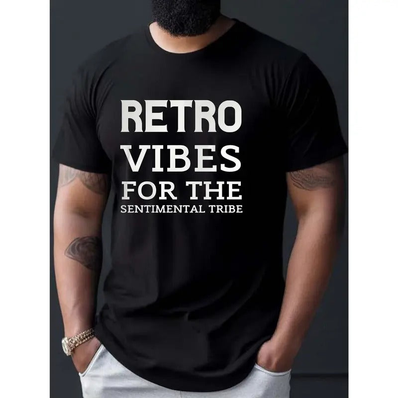 RETRO VIBES Print Crew Neck T-shirt For Men, Casual Short Sleeve Top, Men's Clothing Made in USA Hoodie, Sweatshirt