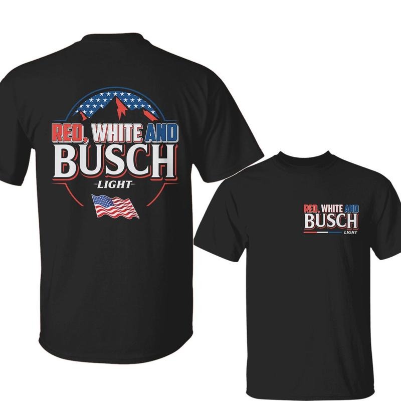 Red White And Busch Light V2 Unisex T-Shirt, USA Flag 4th Of July Independence Day, Patriotic Beer Graphic Tee, Full...