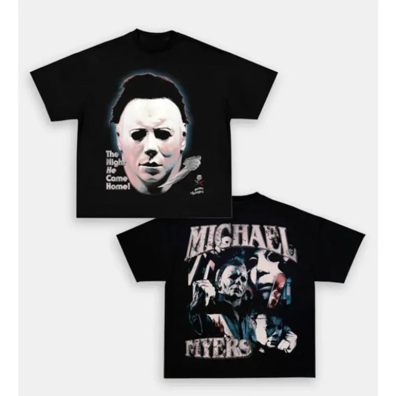 THE NIGHT HE COME HOME!-Double Sided Prints Vintage Bootleg T-Shirt,  MICHAEL MYERS Tshirt, Cotton Casual Crew Neck Black...