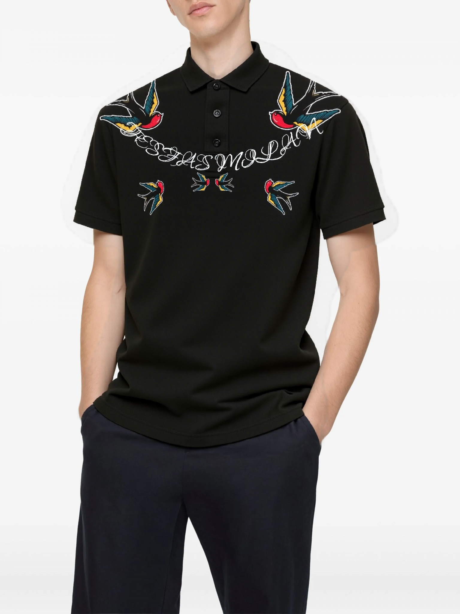FesFas Swallow-print Polo Shirt | Black
