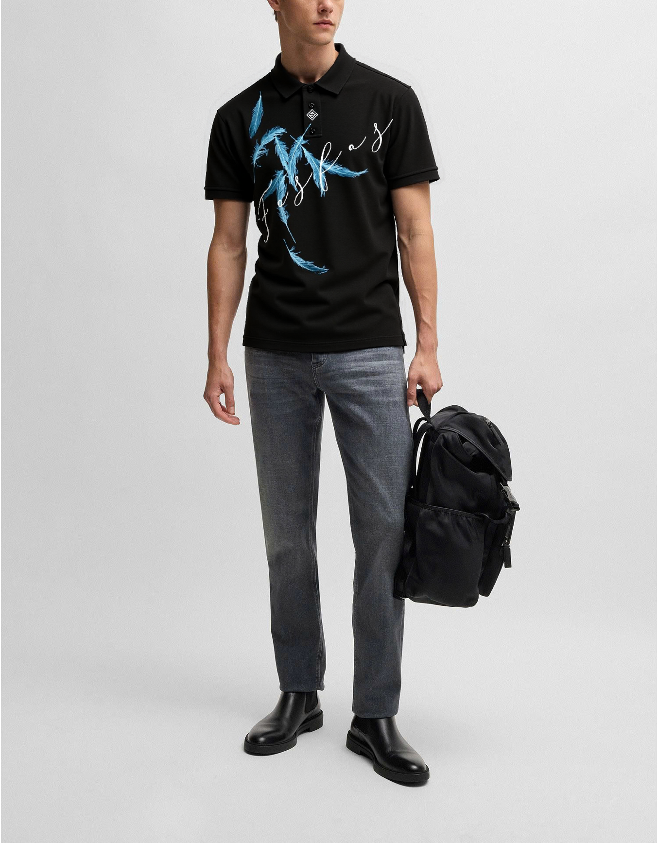 FesFas Feather-print Polo Shirt | Black