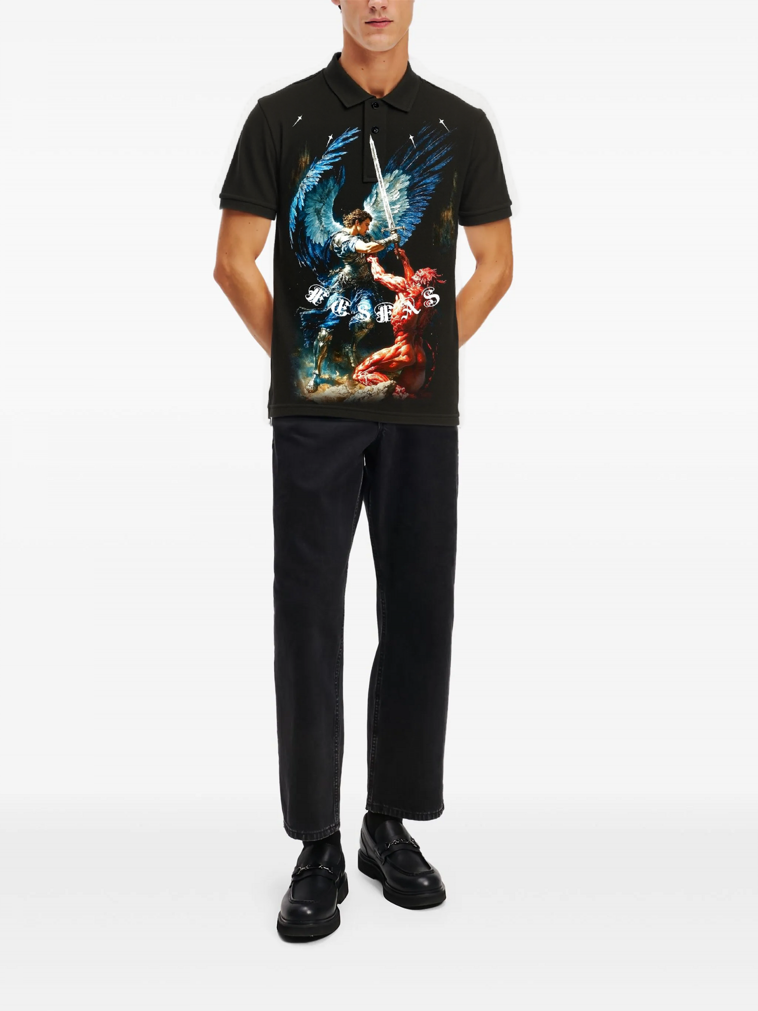 FesFas Angel-print Polo Shirt | Black