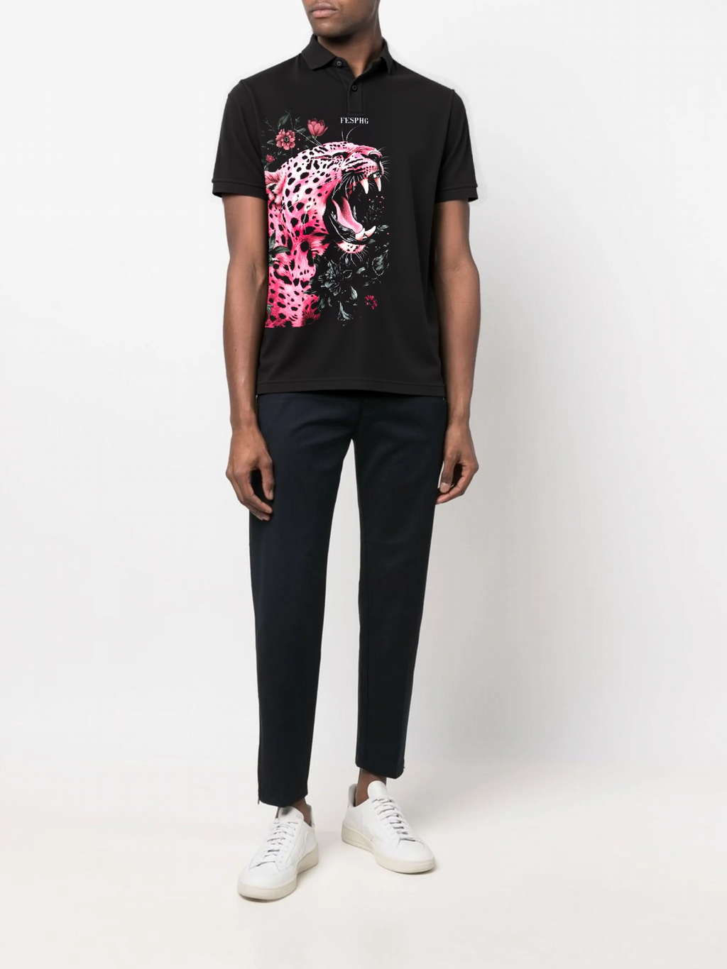 FesFas Pink Leopard-print Polo Shirt | Black