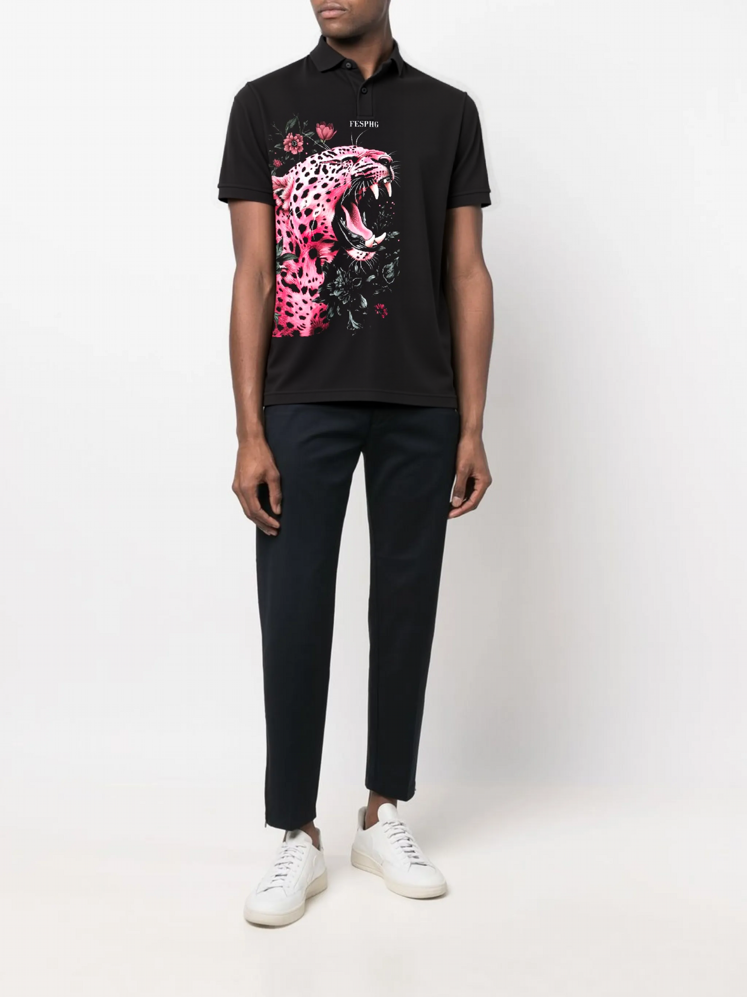FesFas Pink Leopard-print Polo Shirt | Black