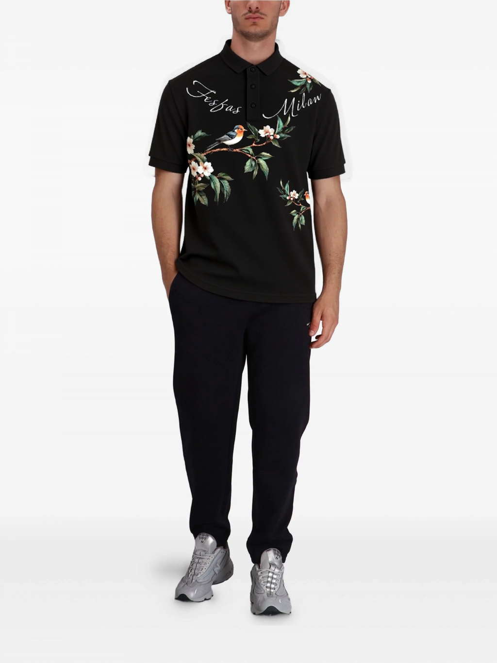 FesFas Floral Bird-print Polo Shirt | Black