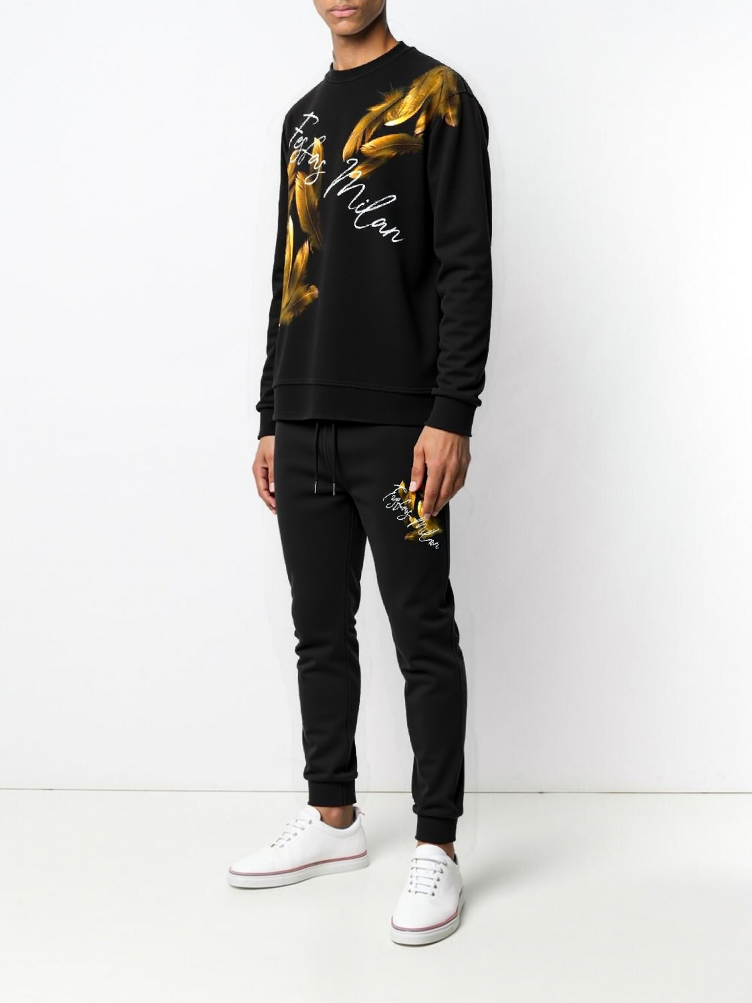 FesFas Feathers-print Sweatshirt Set | Black