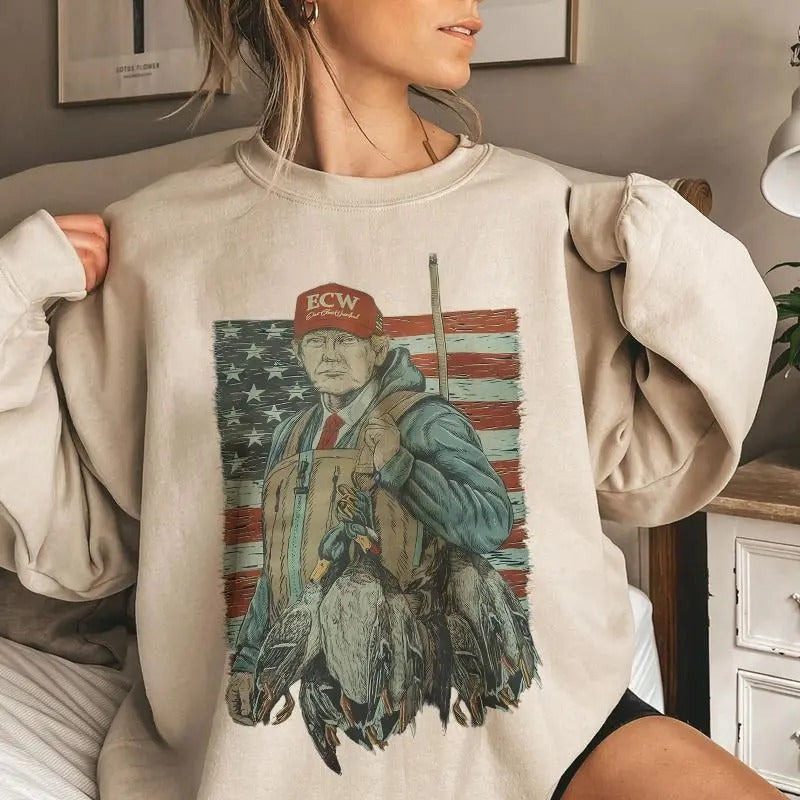 Tr4mp Hunting Season Retro USA Flag Cotton Unisex Sweatshirt Womenswear Check T-Shirts, Hoodie | GrindPrints.com