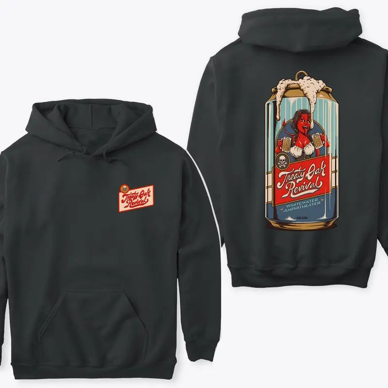 Treaty Oak Revival Hoodie, Bold Beer Can Design with Vibrant Colors, Gift for Music Lovers and Concert Goers Hoodie for...