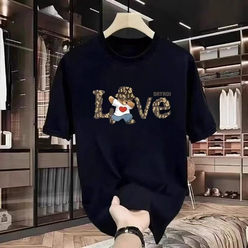 Trend Creative Love Printed Short-Sleeved T-shirt Men's 2025 Summer Pure Cotton Loose Couple Outfit T-shirt Bear Top...
