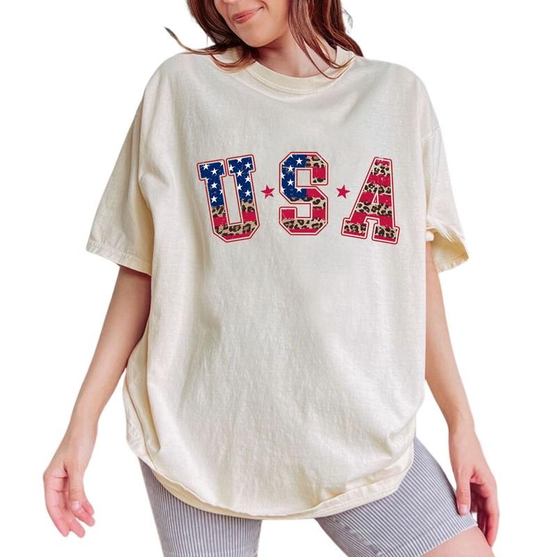 USA Leopard America 4th July Printed Tops Vintage Flag Shirt Patriotic Comfy Independence Day Tops Womenswear Cotton Fabric Comfort Chic T-Shirts, Hoodie, Sweatshirt