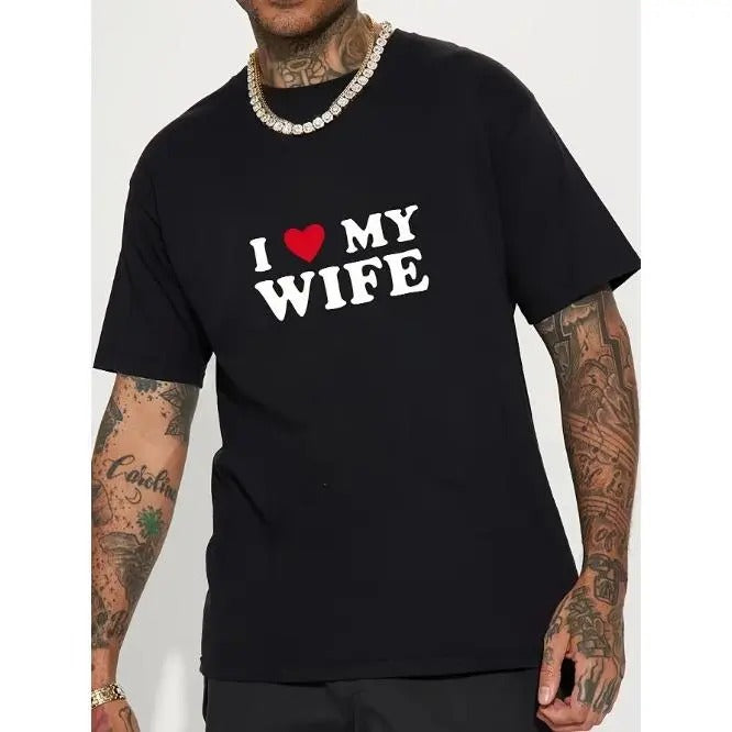 Unique "I LOVE WIFE" Alphabet Print Crew Neck Short Sleeve Cotton Soft Breathable Casual Summer Daily Vacation Resorts Romantic Getaways Relaxed Fit Lightweight Quick Drying Comfortable Made USA T-Shirts, Hoodie, Sweatshirt