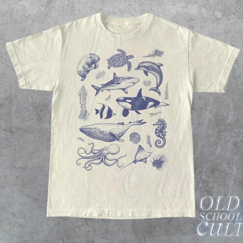 Vintage 90s Tattoo Sea Animal Tshirt, Retro Ocean Nature Shirt, Sealife, Ocean, Whale, Orca, Turtle, Dolphin Shirt,...