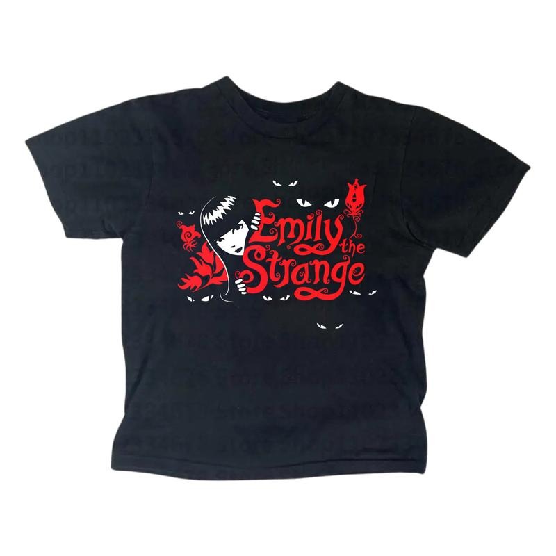 Vintage Emily Strange Cat Graphic Tee - Gothic Emo Women's Fitted Short Sleeve T-Shirt, Casual Cotton, Summer Wear,...