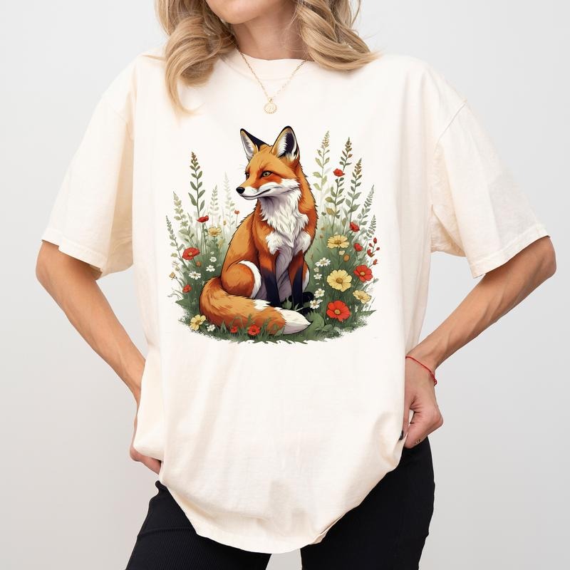 Vintage Flower Fox Shirt Comfort Colors, Fairycore T-shirt, Cute Fox Crewneck, Forest Animal Short Sleeves Pullover, Gift...