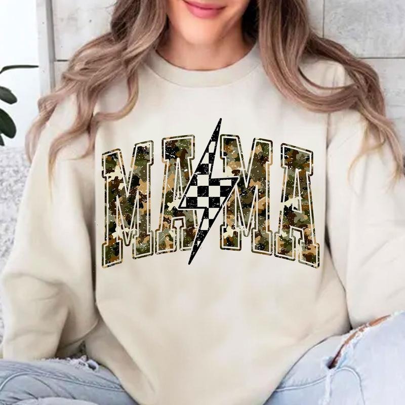 Vintage Grunge Camo Mama Checkered Lighting Bolt Crewneck Sweatshirt, Camo Lovers Tee, Outdoors Mom Gifts, 100% Cotton...