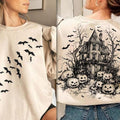 Vintage Halloween Scene with Bats and Pumpin 2 Sided Unisex Sweatshirt, Retro Spooky Season Halloween Pumpkin Tee, Spooky...