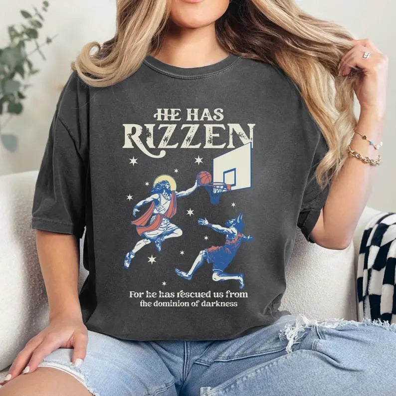 Vintage He Is Rizzin' Shirt Jesus Playing Basketball Funny Easter Retro Christian Religious Weirdcore Meme T-Shirts, Hoodie, Sweatshirt