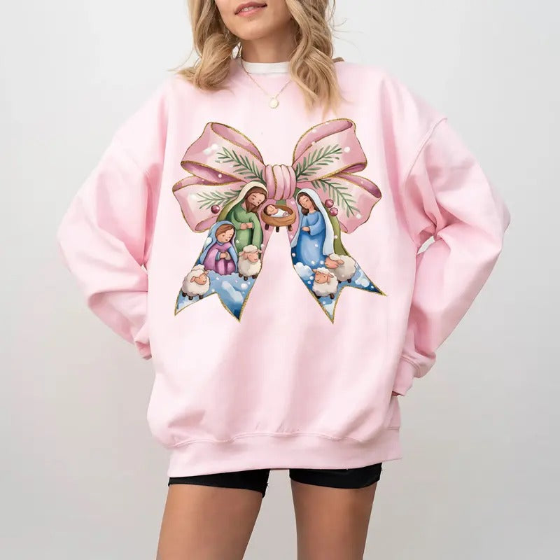 Vintage Jesus Christmas Coquette Bow Sweatshirt, Christian Christmas Sweatshirt, Nativity Scene Shirt, Pink Christmas...
