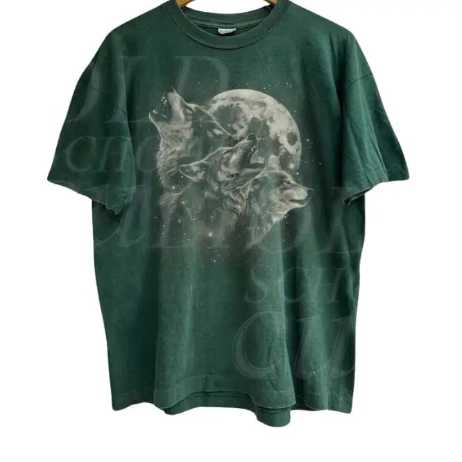 Vintage Three Grey Wolves Howling To The Moon 90s Graphic Shirt, Wolf In Space Retro Tee, 2000s Nature Galaxy Stars Y2k...