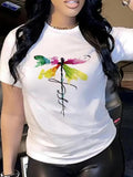 Women's Dragonfly & Letter Print Round Neck Graphic Tee, Vintage Trendy Casual Short Sleeve T-shirt for Daily Wear,...